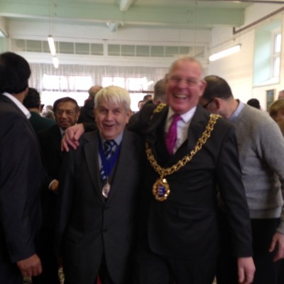 The Mayor of Bexhill, Cllr Marutice Watson (left) and the Mayor of Hastings, Bruce Dowling enjoy a laugh at Hastings Mosque open day